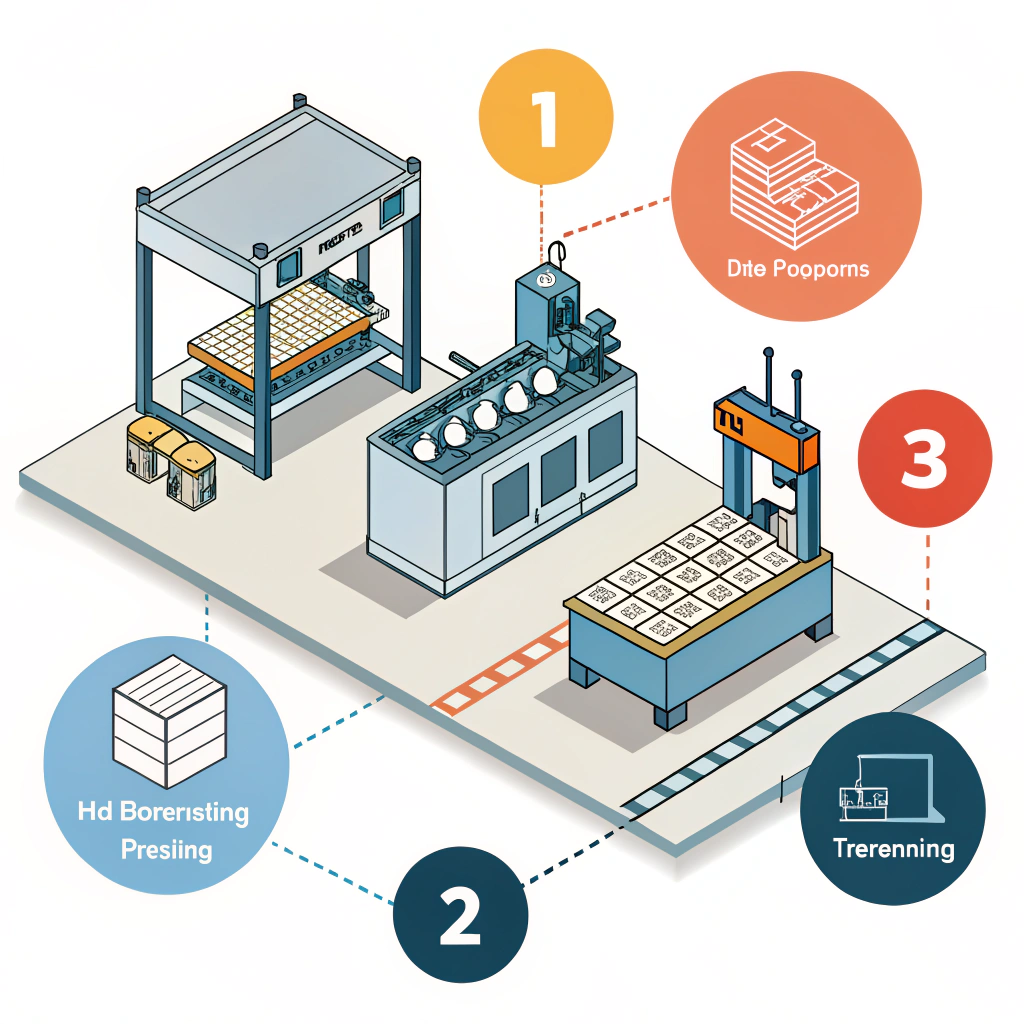Simplified illustration of a manufacturing floor with icons for production processes
