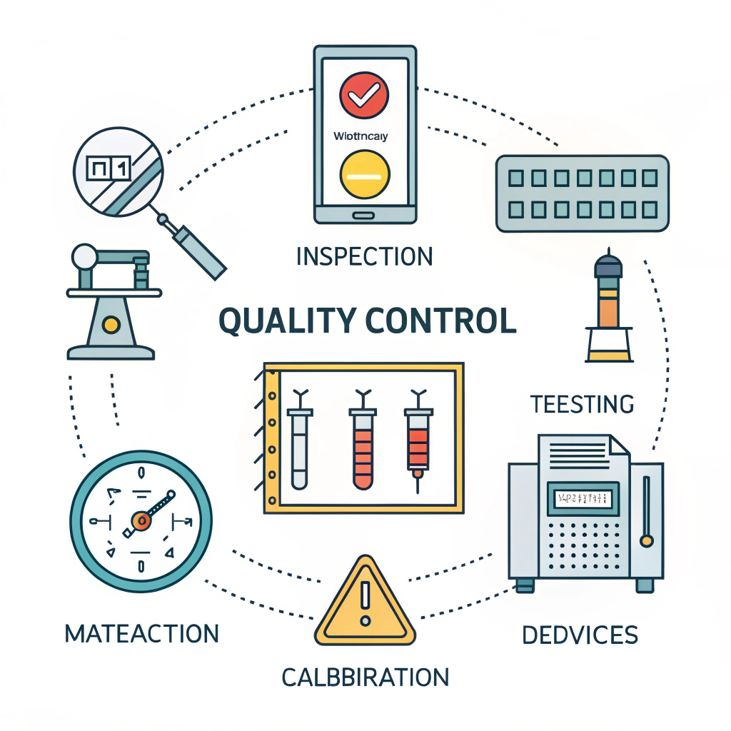 Simplified flat illustration of quality control tools in manufacturing.