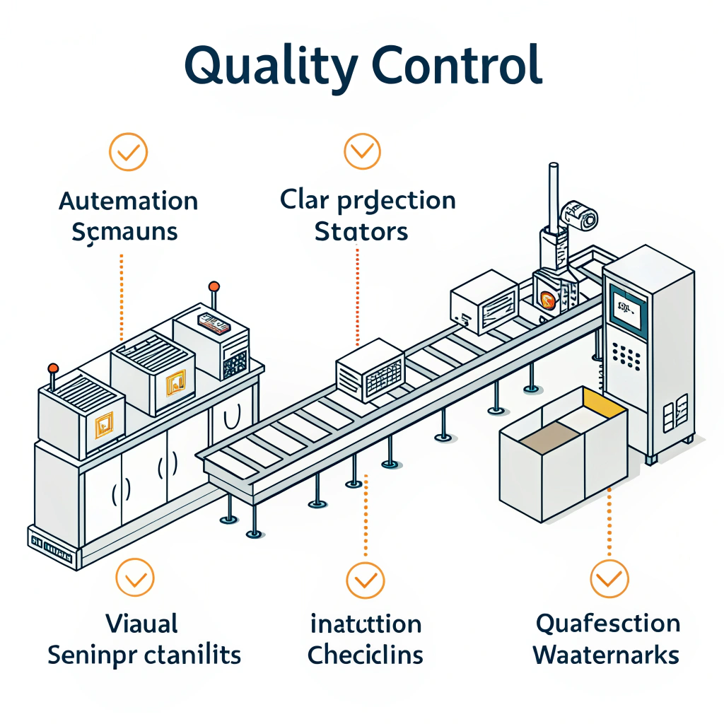 2D illustration of a production line with quality control checkpoints in a simplistic style