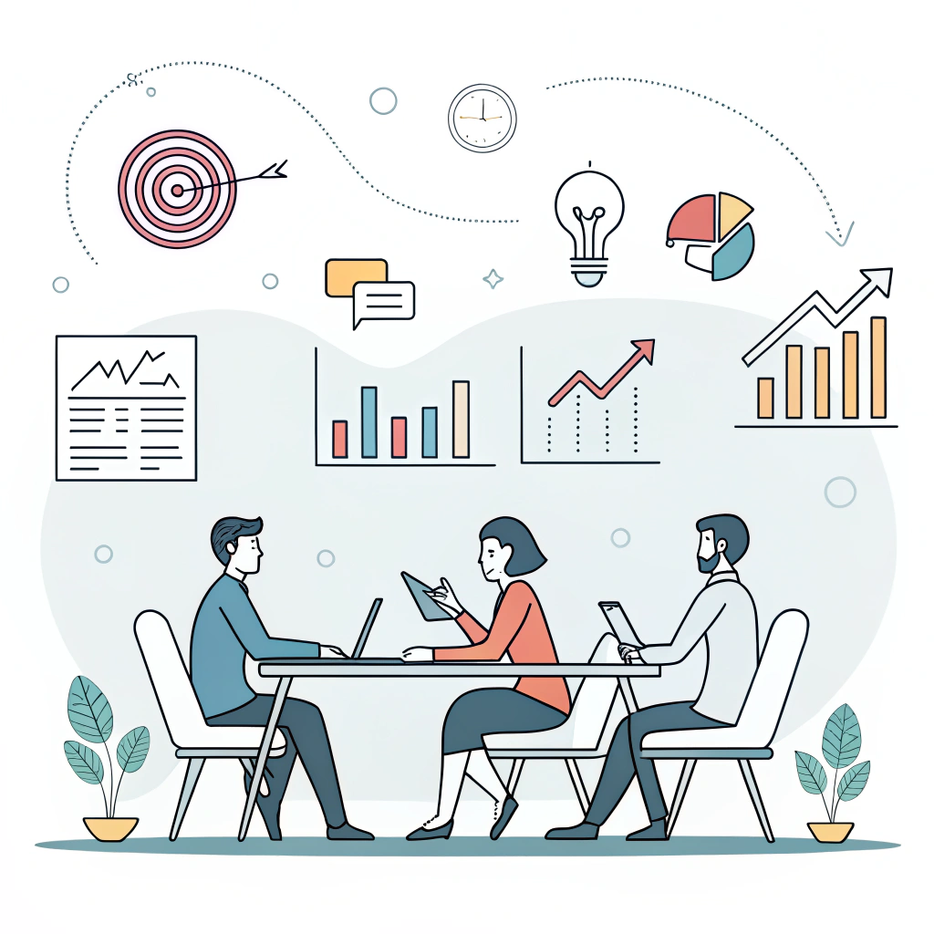 Flat illustration of procurement professionals in a strategic team meeting discussing negotiation.