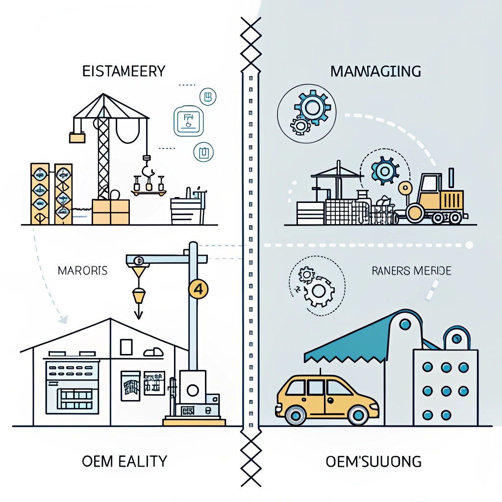 Minimalist split illustration contrasting customizable OEM and standard non-OEM production.