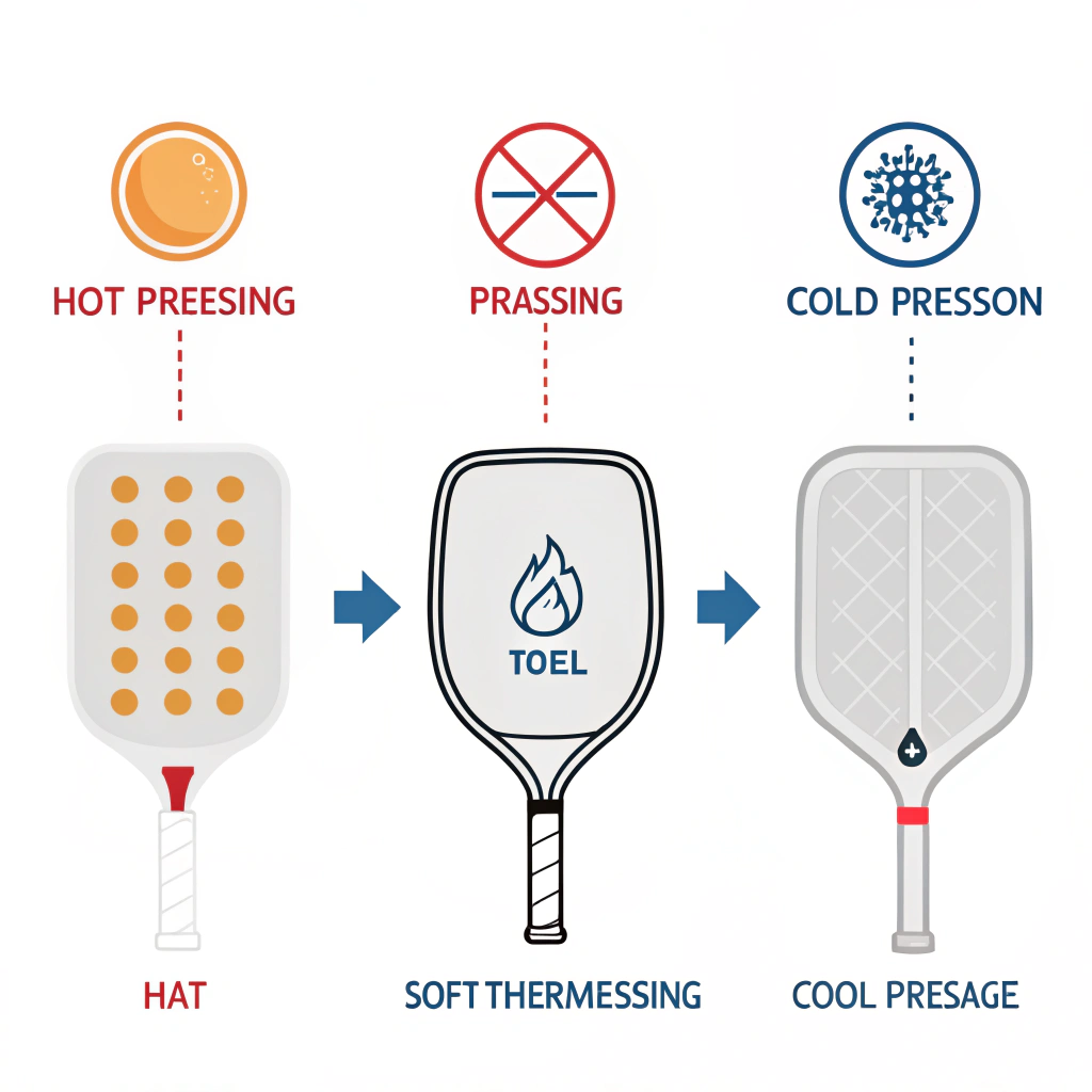 Minimalist 2D illustration depicting three production methods for pickleball paddles.