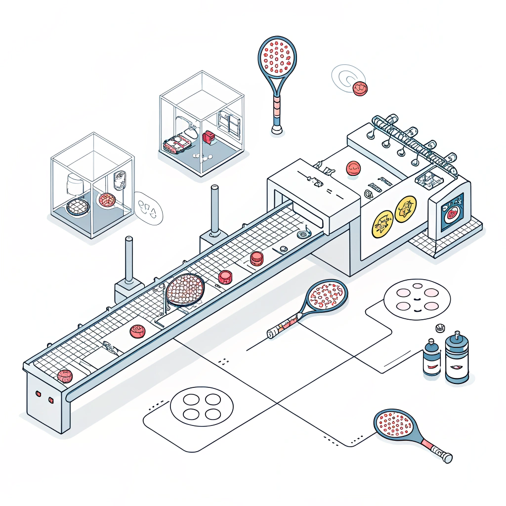 Minimal flat illustration of quality control in pickleball paddle manufacturing.
