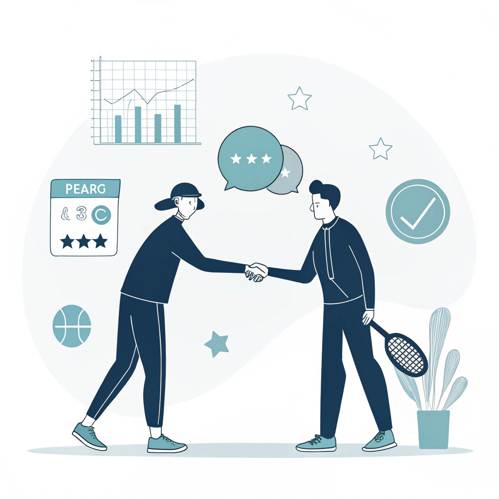 Minimalist 2D illustration showing professionals, handshake, and subtle pickleball symbols representing trust.