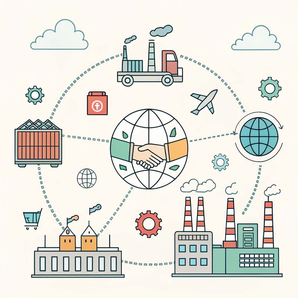 Minimal flat illustration showing international sourcing and manufacturing elements.