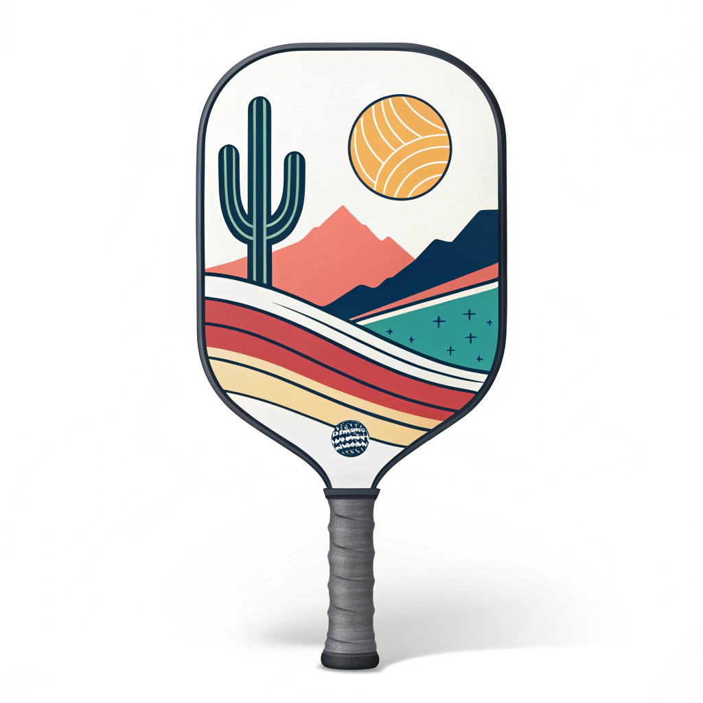 Minimal flat illustration of a vibrant pickleball paddle highlighting branding.