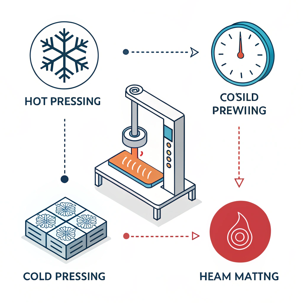 Minimalistic flat illustration of hot pressing, cold pressing, and thermoforming processes.