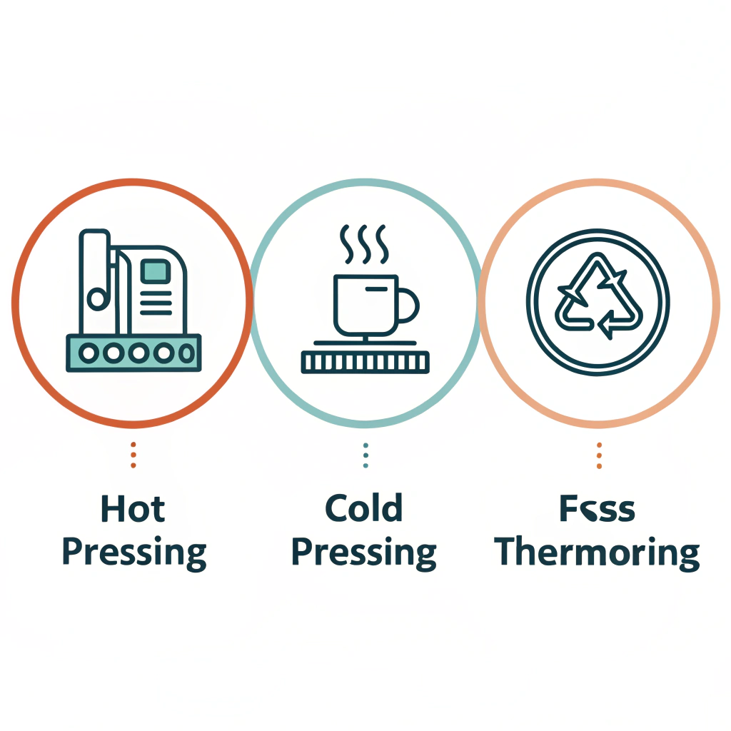 Minimal illustration showing three icons symbolizing hot pressing, cold pressing, and thermoforming processes.