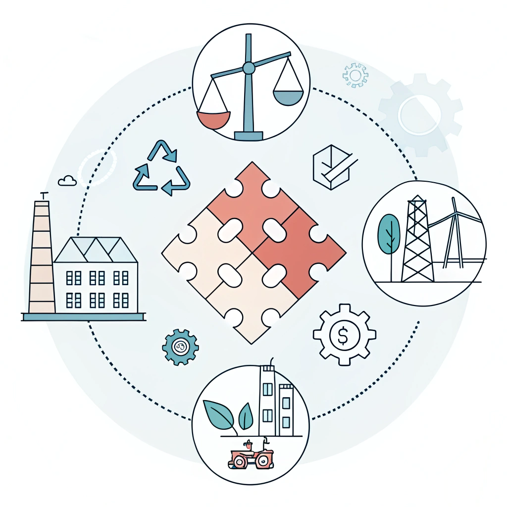 A simple 2D depiction with abstract icons symbolizing ethical sourcing challenges.