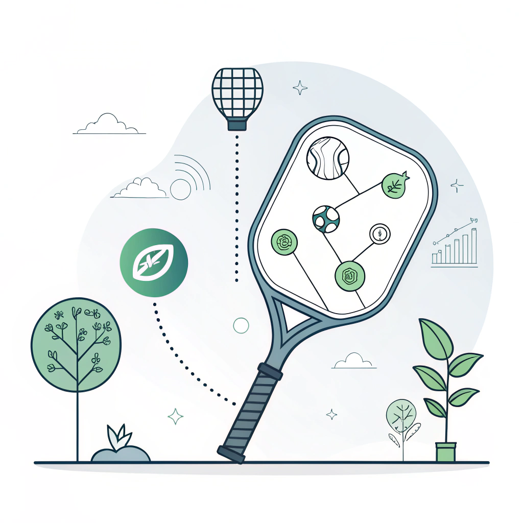 A minimalist illustration showing futuristic trends, smart technology, and eco-friendly design in pickleball equipment.