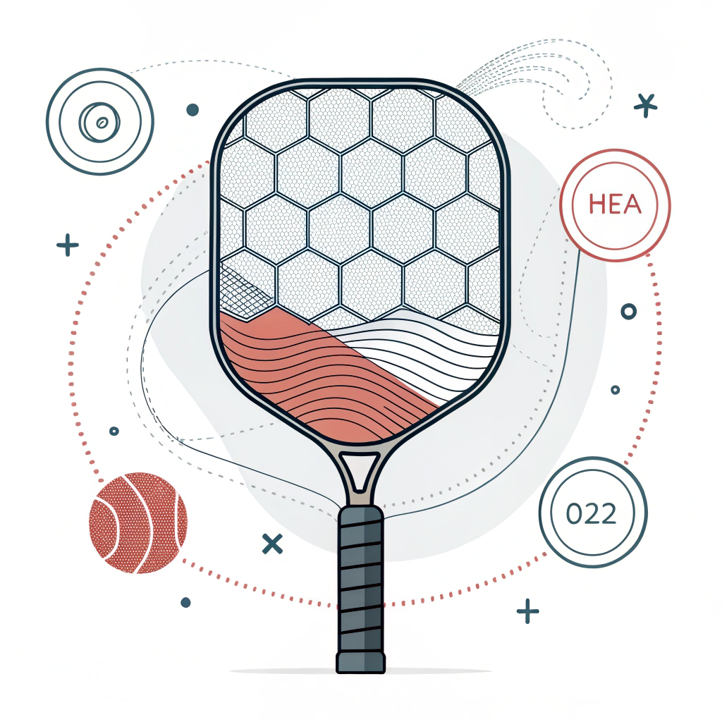 2D minimalist flat illustration of a pickleball paddle showcasing optimized weight distribution and advanced material design.