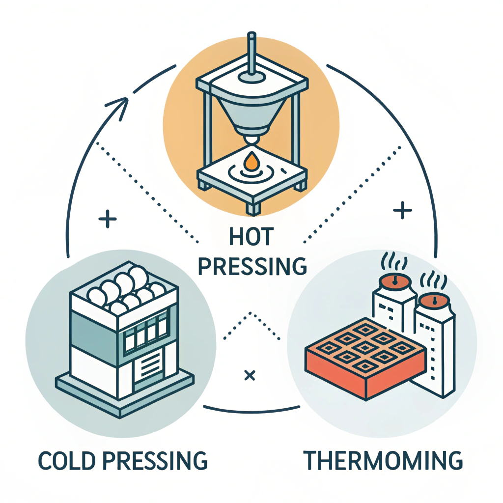 Flat minimalist illustration featuring three icons for hot pressing, cold pressing, and thermoforming.