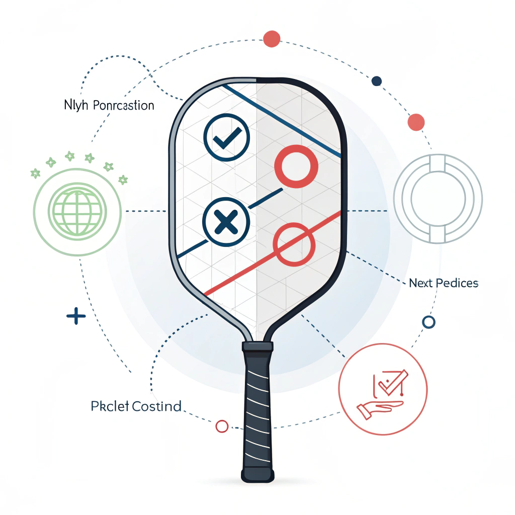 Minimalist 2D illustration showing a high precision pickleball paddle with technical icons.
