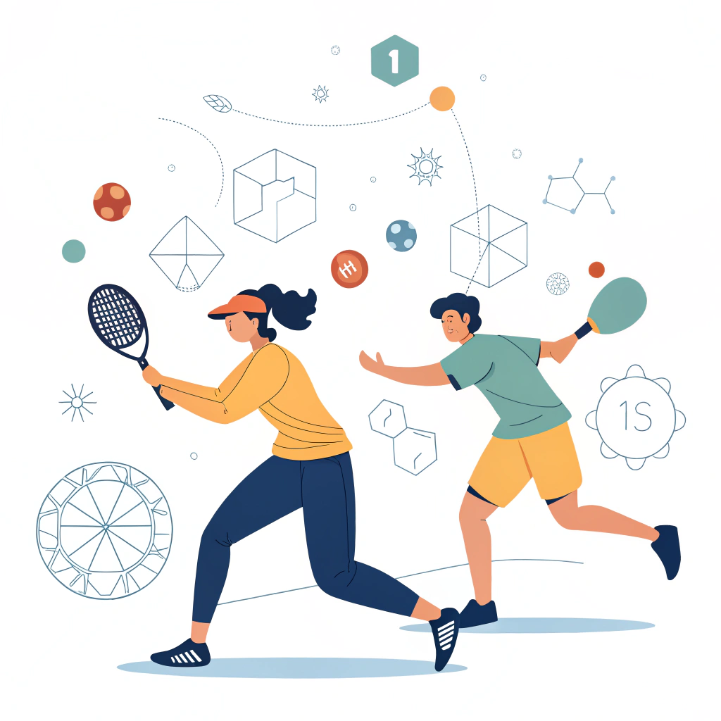 2D minimal illustration of dynamic, digital pickleball play with innovative energy.