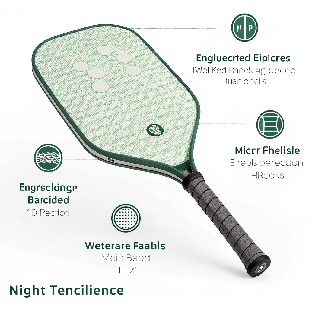 "Flat design illustration of a paddle with engineered micro textures and balanced weight."