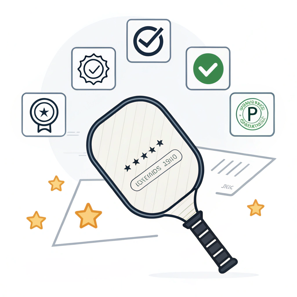 Minimalistic 2D illustration of a certified pickleball paddle showing quality marks.