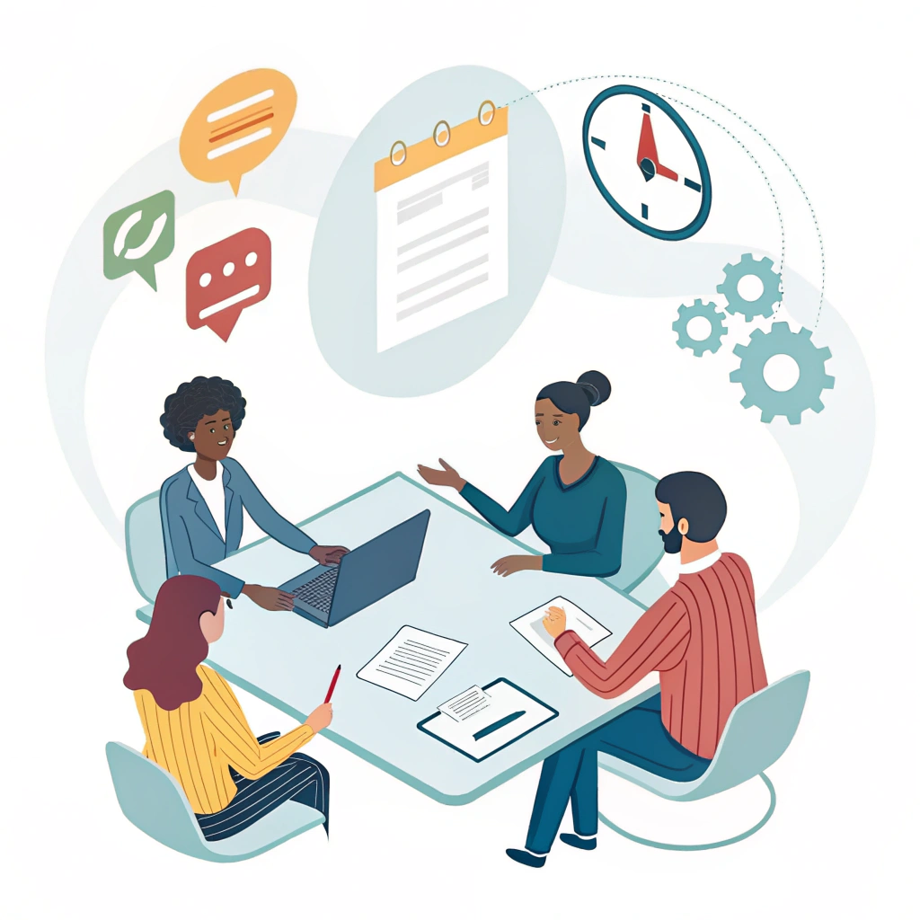 Minimal illustration of trade experts collaborating in a meeting.