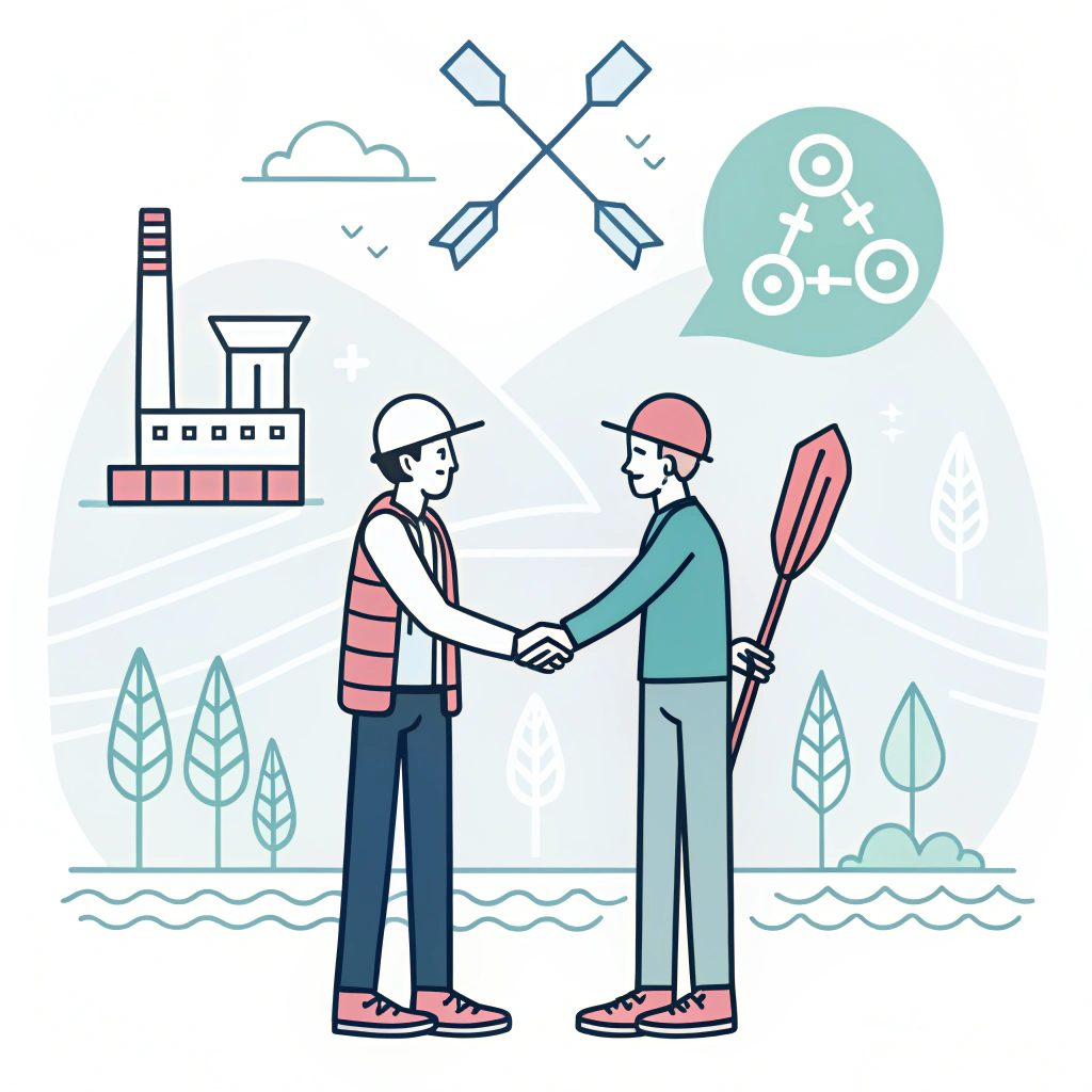 Minimalist illustration of a secure OEM partnership handshake with paddle design elements