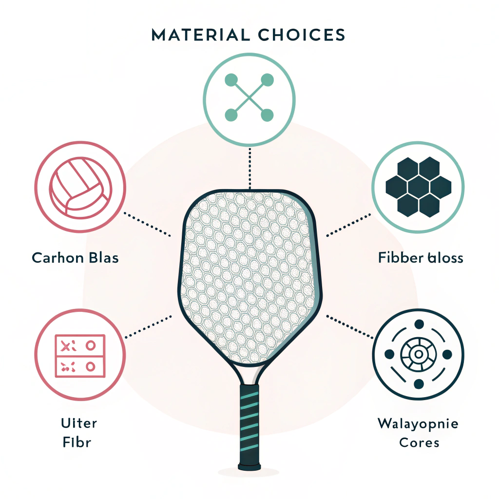 Minimal vector graphic showing various material options for pickleball paddle production.