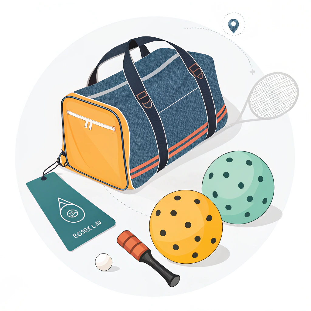 Minimalistic 2D display of pickleball accessories including a bag, ball, and bundle