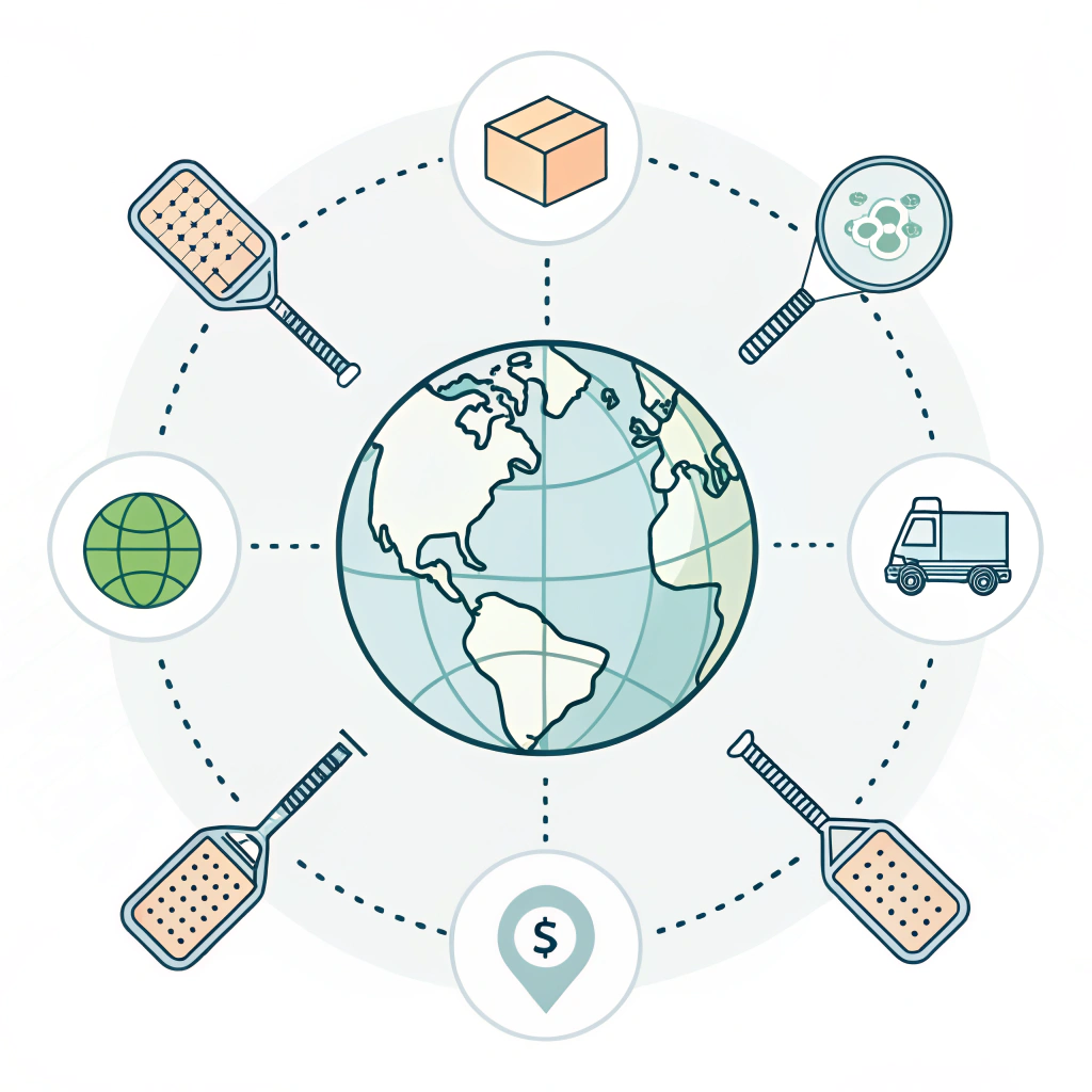 Minimalist illustration of a global network of pickleball trade and regulation icons.