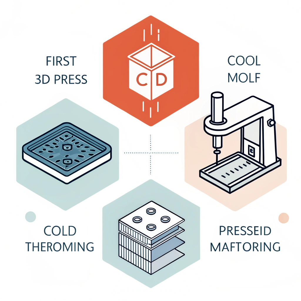 Minimalist 2D illustration depicting three manufacturing process icons in a clean style