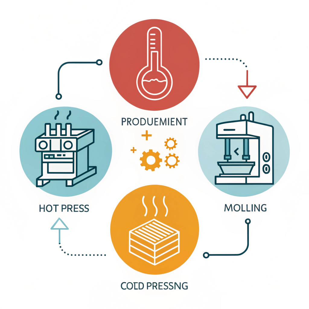 Clean 2D illustration showing hot pressing, cold pressing, and thermoforming processes