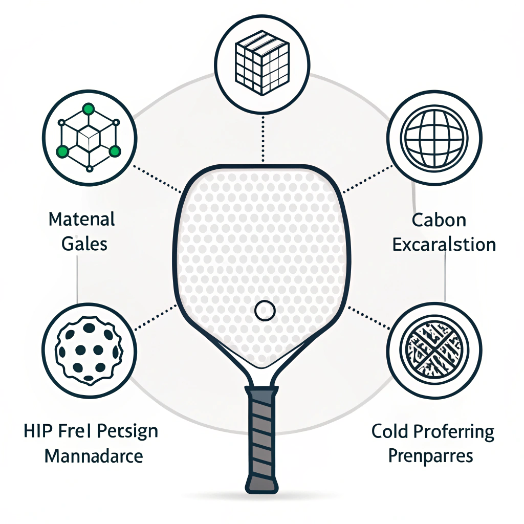Minimalist flat illustration showing technical evaluation and manufacturing processes for a high-performance pickleball paddle.