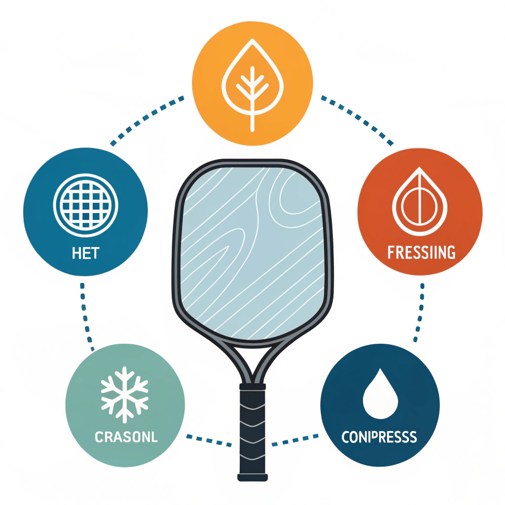 Minimal vector art of a futuristic pickleball paddle with abstract process icons