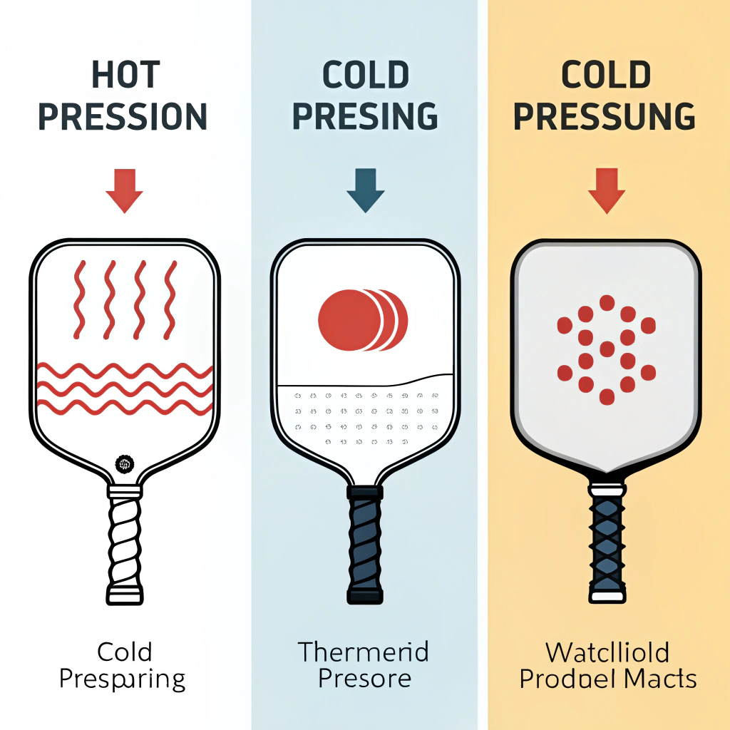 Minimal illustration depicting three production techniques for pickleball paddles