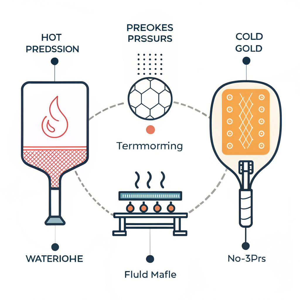 Minimalistic 2D illustration of three pickleball production processes in flat design.
