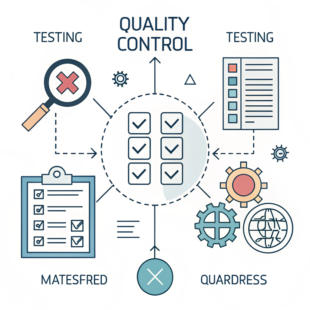 2D infographic illustration of a checklist and testing icons in a minimalist style