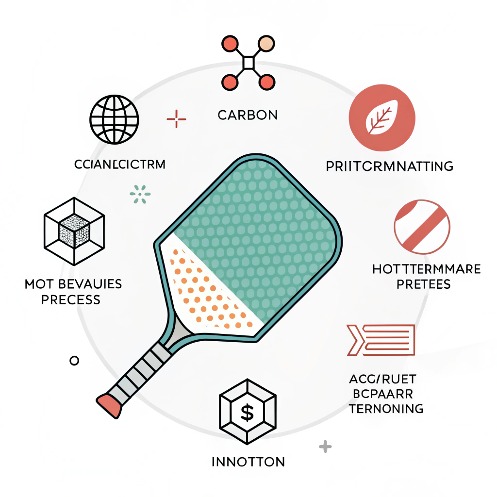 Minimalist flat design showing abstract pickleball paddle production processes and materials.