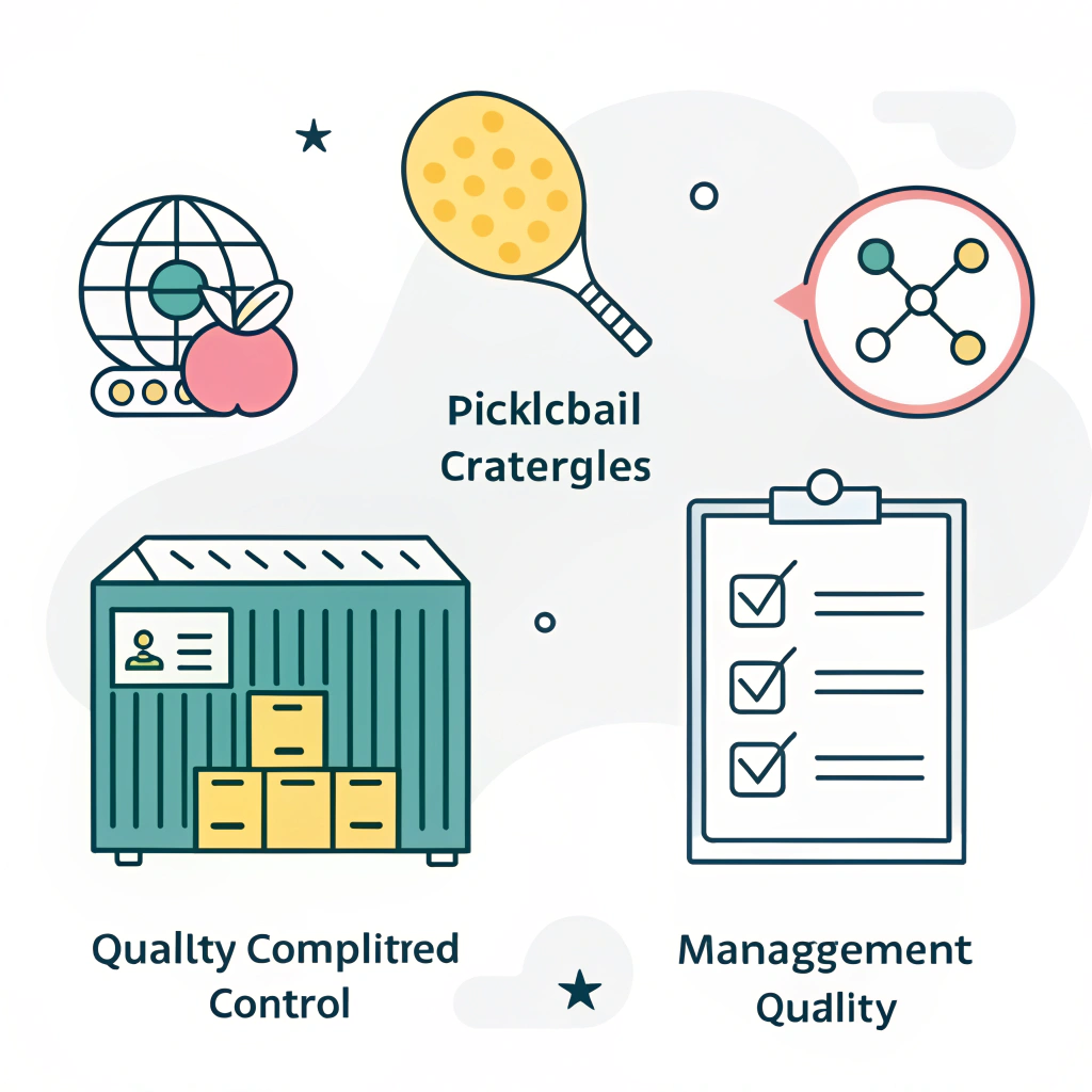 Minimalist 2D illustration of pickleball trade compliance and logistics icons