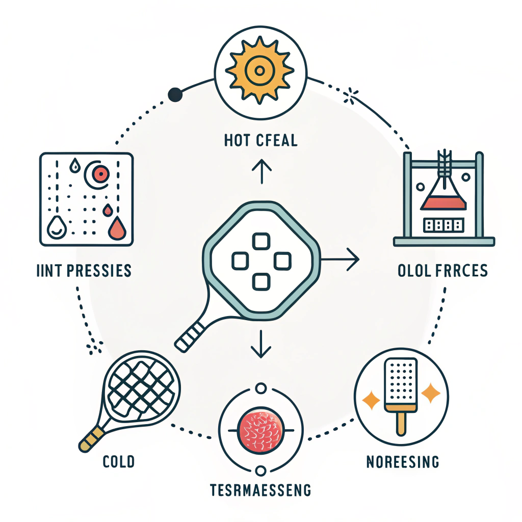 Vector art of abstract pickleball production integrating industrial process icons in a balanced design.