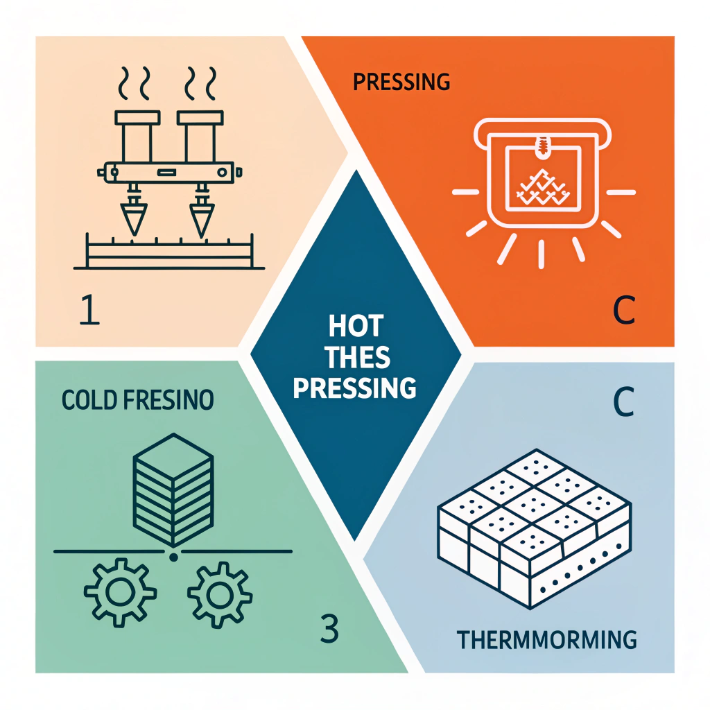 Minimal flat diagram showing three manufacturing processes with simple icons