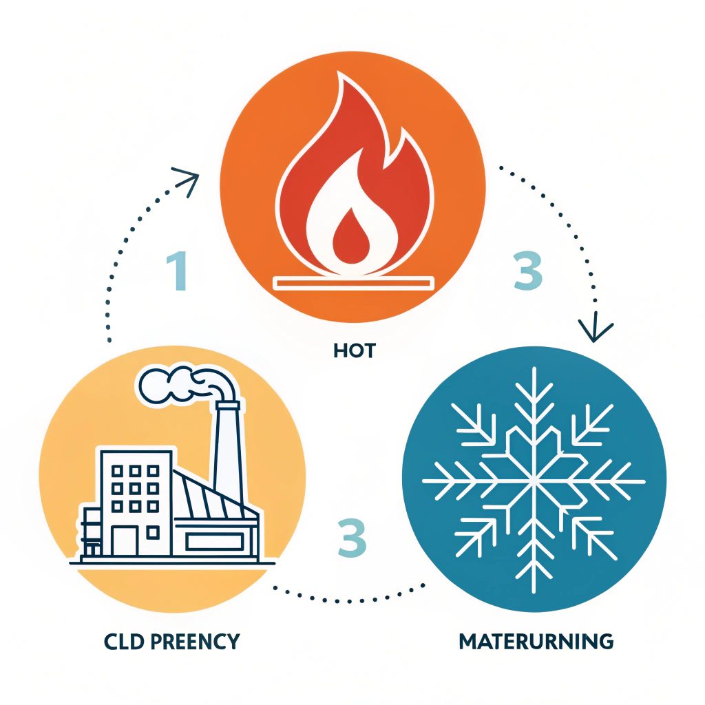 "Flat minimalist illustration showing three distinct production process icons in a balanced layout."