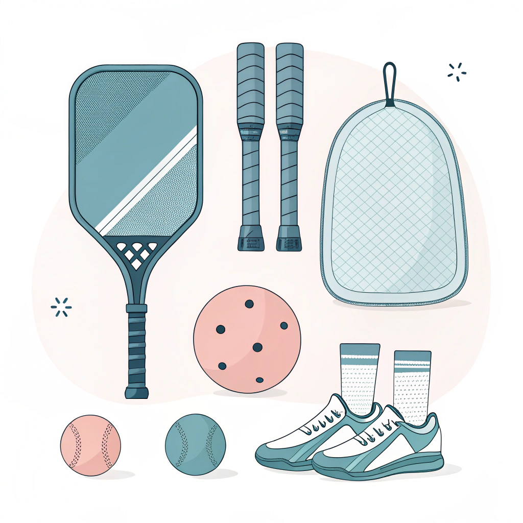 Minimalist flat design of modern pickleball accessories in soft pastel tones.