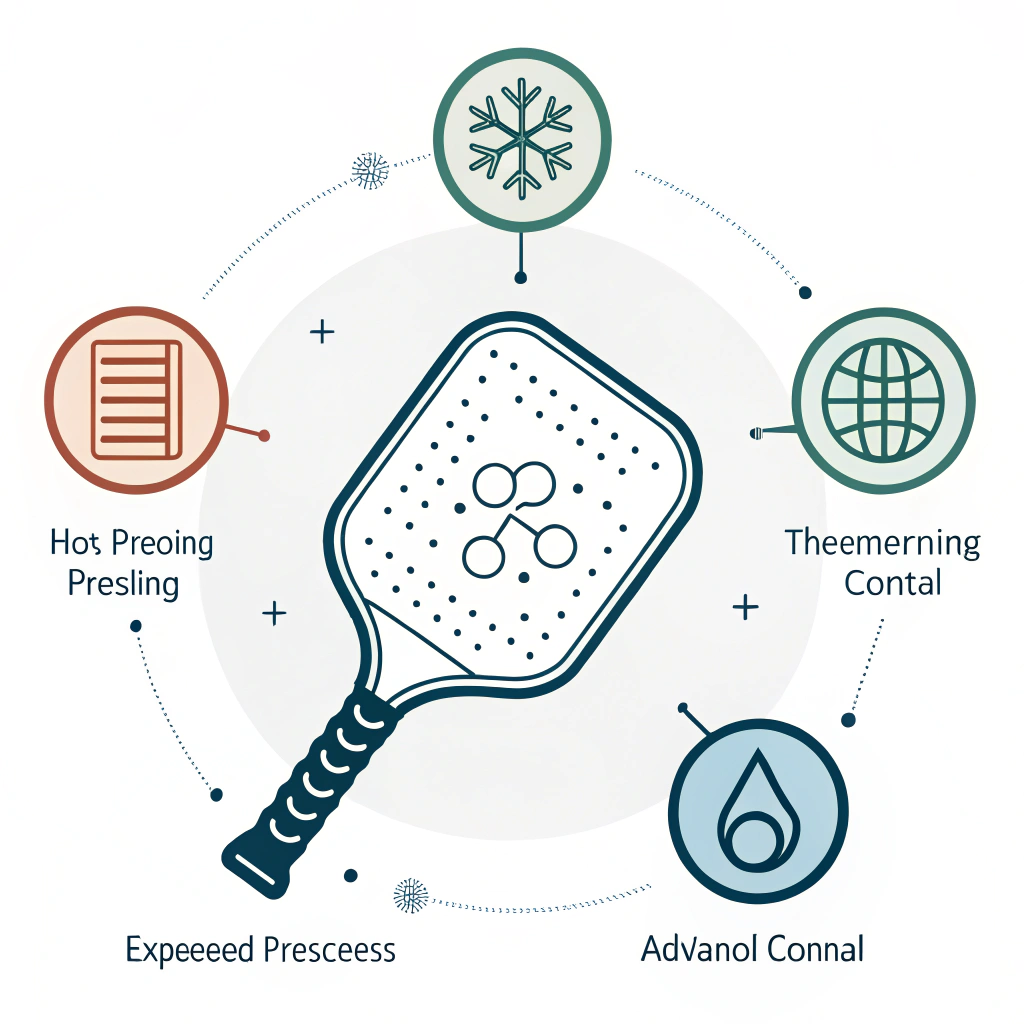 Minimal 2D illustration of advanced pickleball paddle manufacturing with quality control icons.