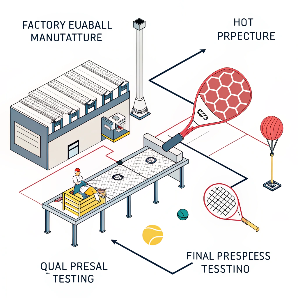 Minimal 2D illustration showing quality control stages in pickleball paddle production.