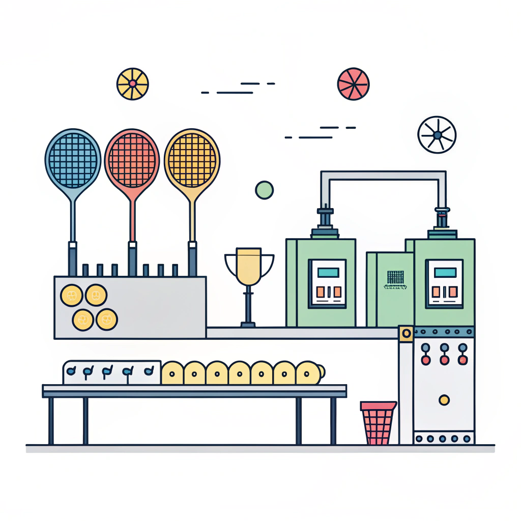 Minimalist flat illustration of a factory producing custom pickleball paddles.