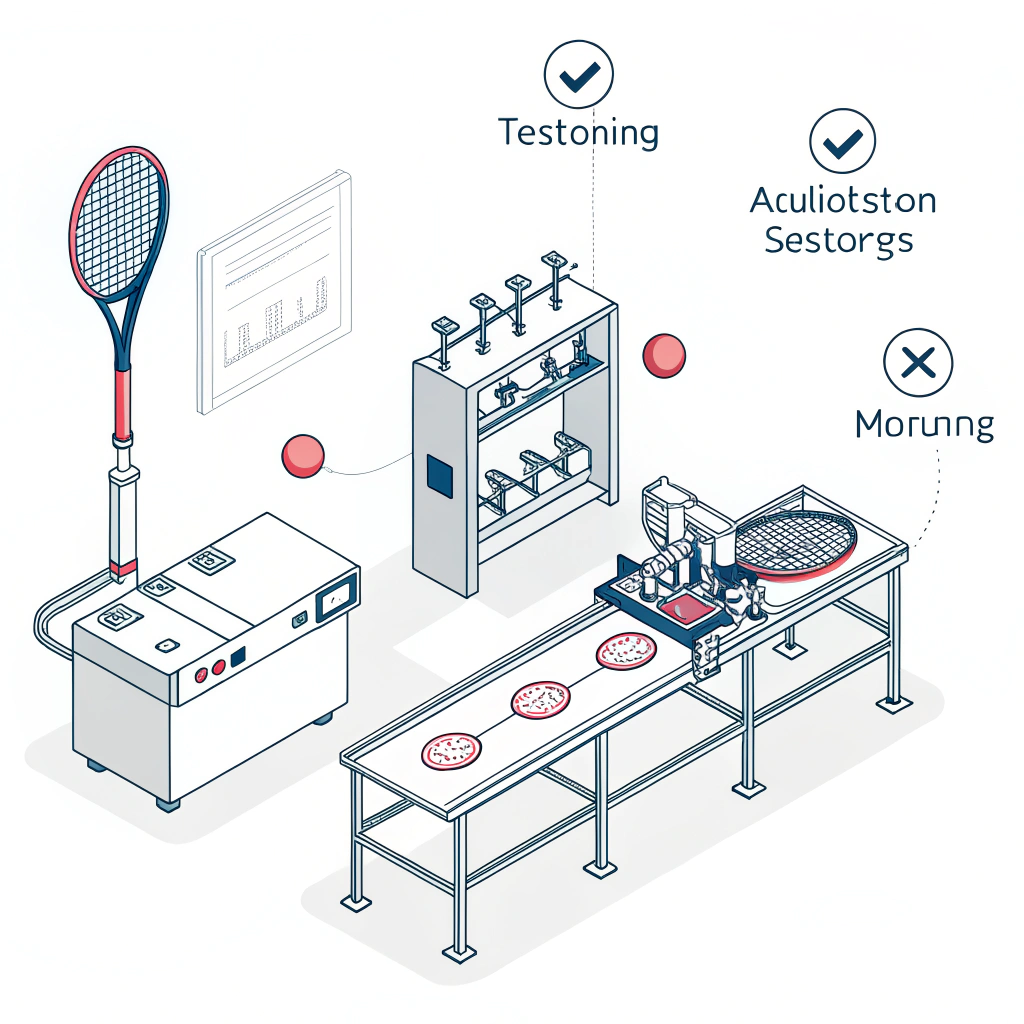 minimalist illustration of a pickleball paddle quality control process in a manufacturing facility
