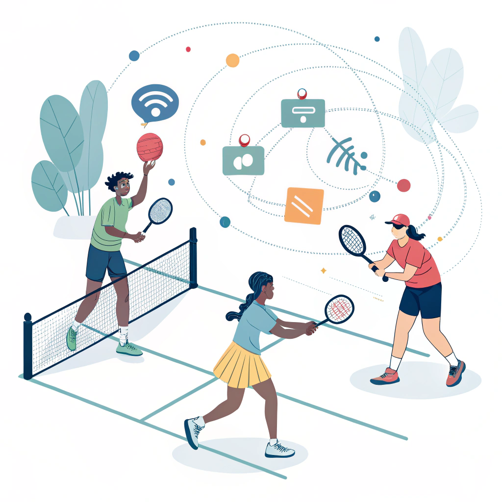 Minimalistic 2D illustration of a vibrant and dynamic pickleball marketing scene.