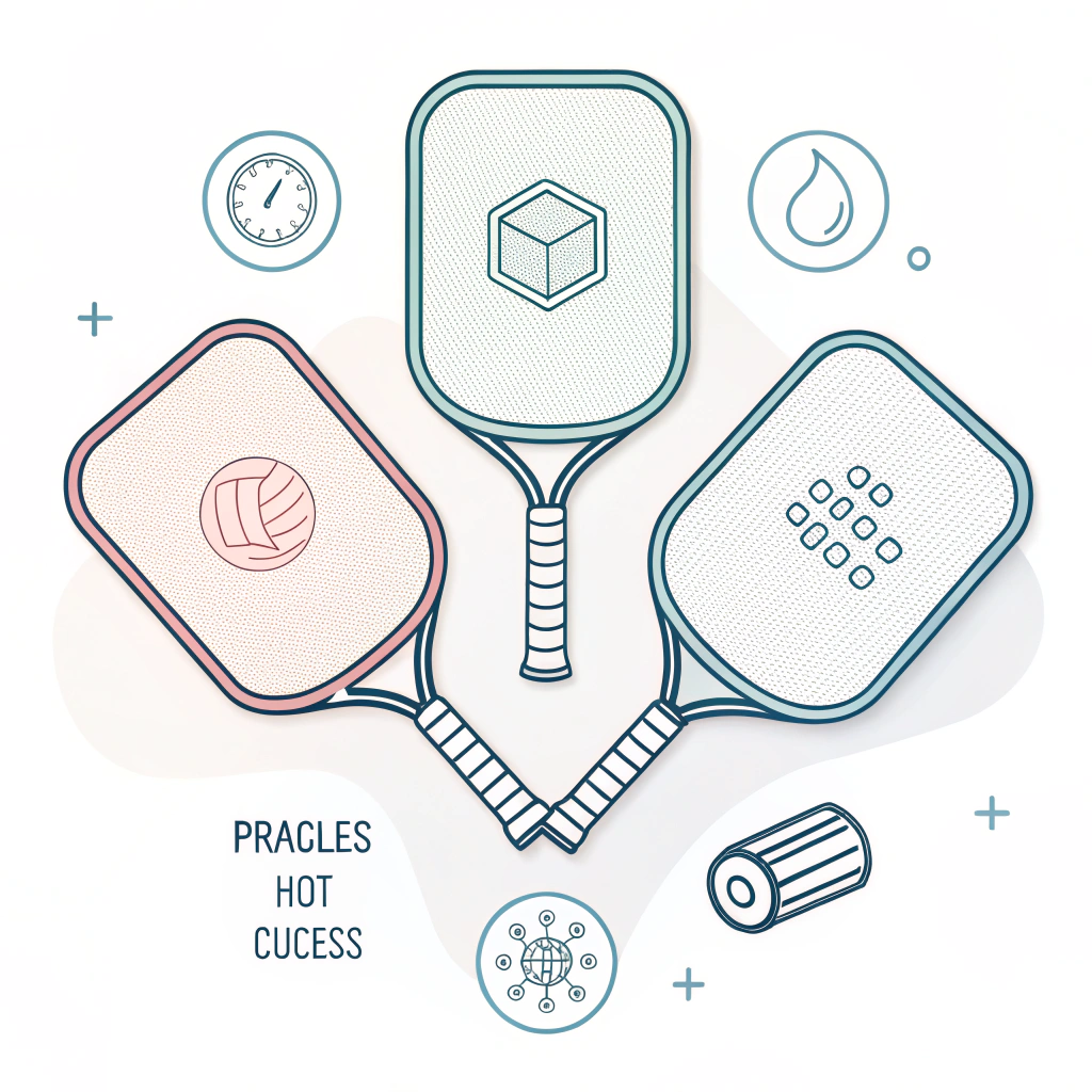Minimal 2D illustration of varied pickleball paddle shapes with abstract process icons.