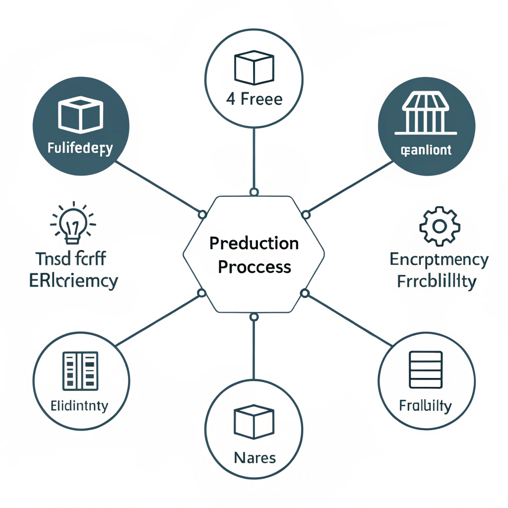 Abstract 2D diagram comparing production methods using simple shapes and interconnected icons.