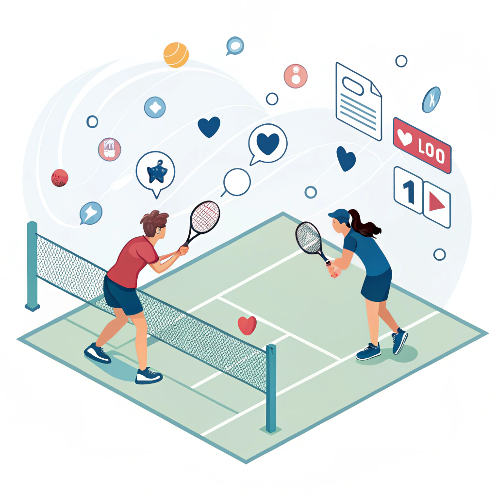 Minimalistic 2D illustration of young players engaging in digital pickleball.