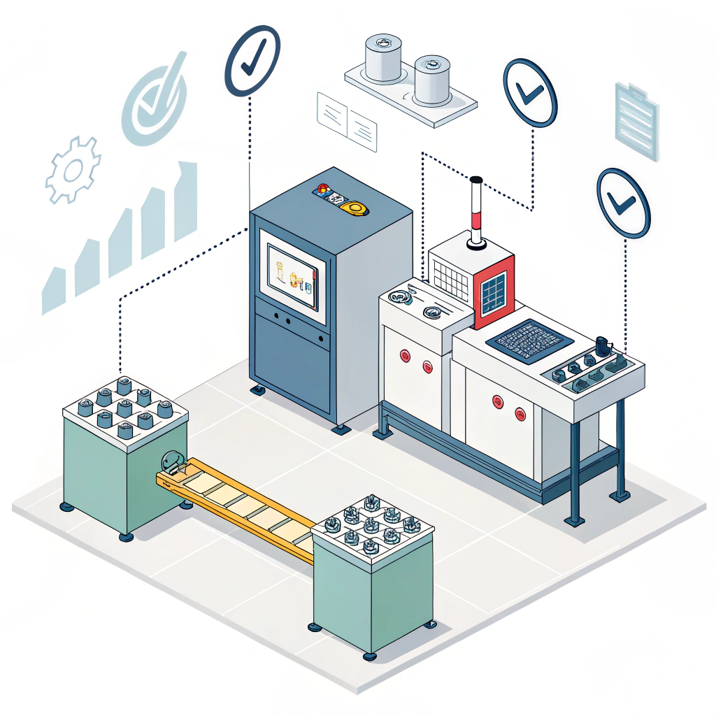 Clean 2D vector art showing advanced molding and quality control equipment.