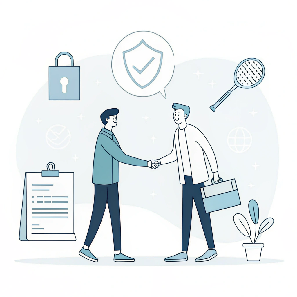 Minimalist illustration of a handshake over a secure contract with pickleball paddle elements