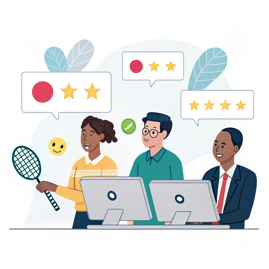 Minimalist illustration of professionals engaging with digital testimonial visuals and pickleball elements.