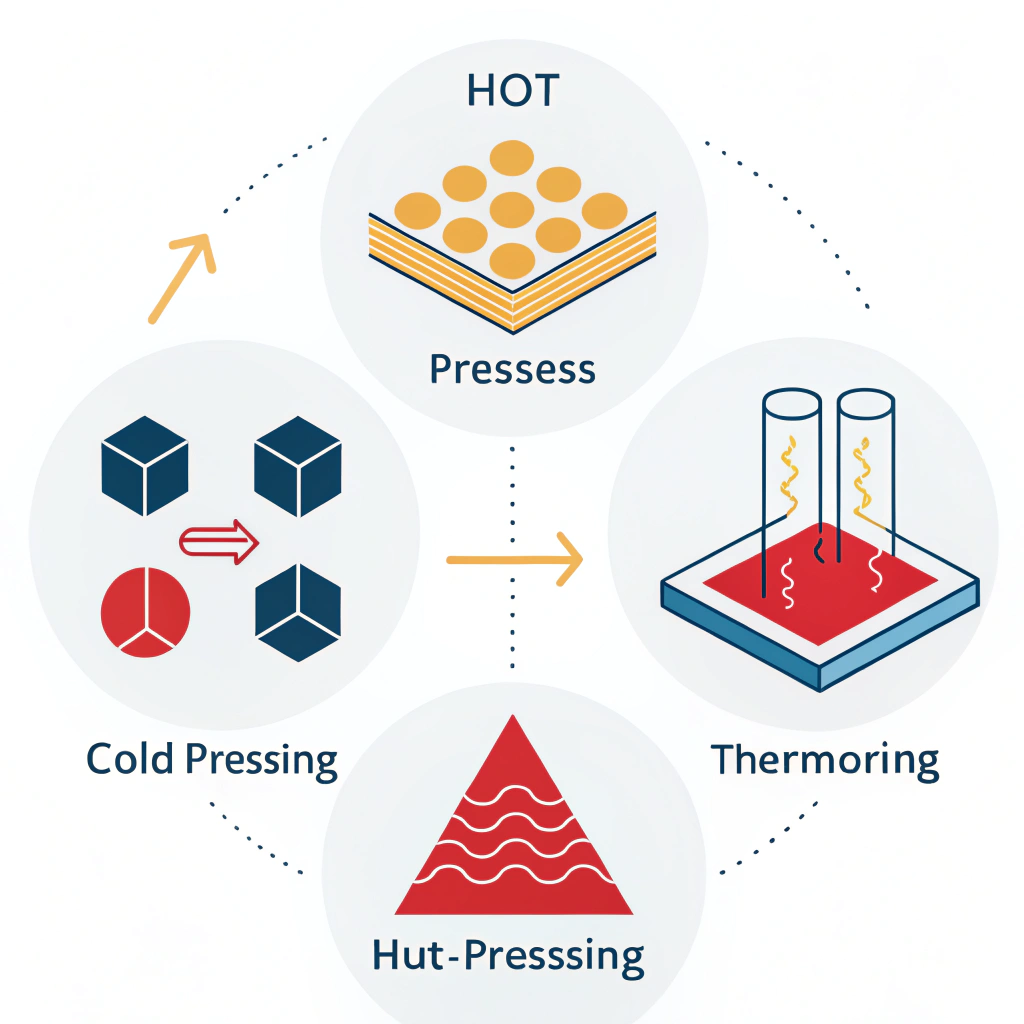 Minimal 2D illustration displaying three abstract production process icons with clean geometric shapes.